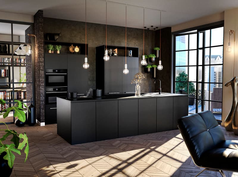 Zwarte keuken met fenix werkblad